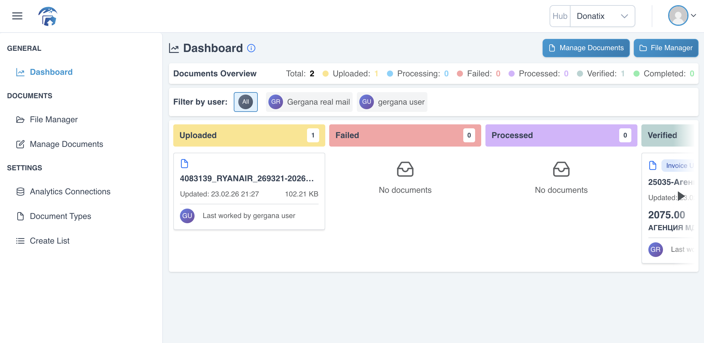Documents AI – Dashboard showing document pipeline with Uploaded, Processing, Verified and Completed statuses