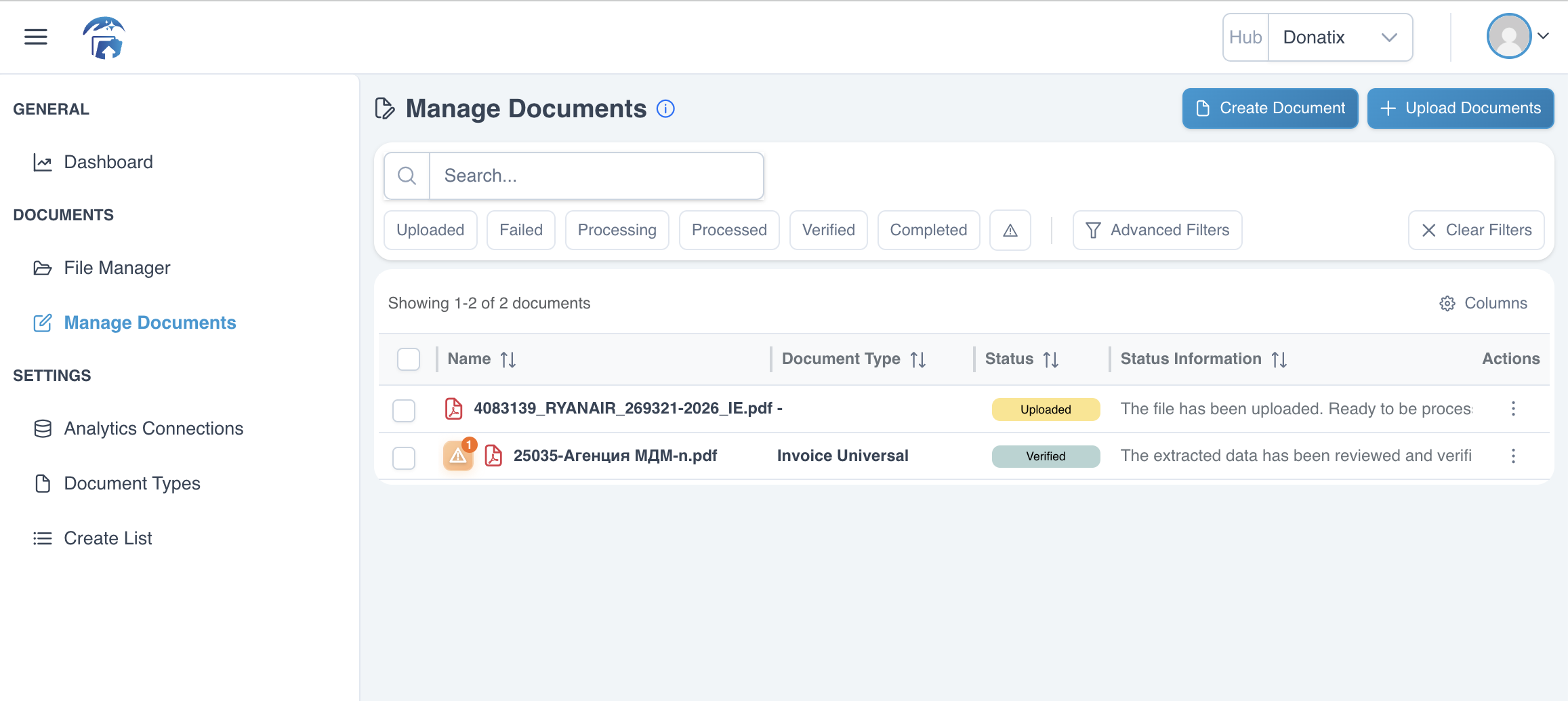 Documents AI – Manage Documents list showing document names, types, statuses and modification details