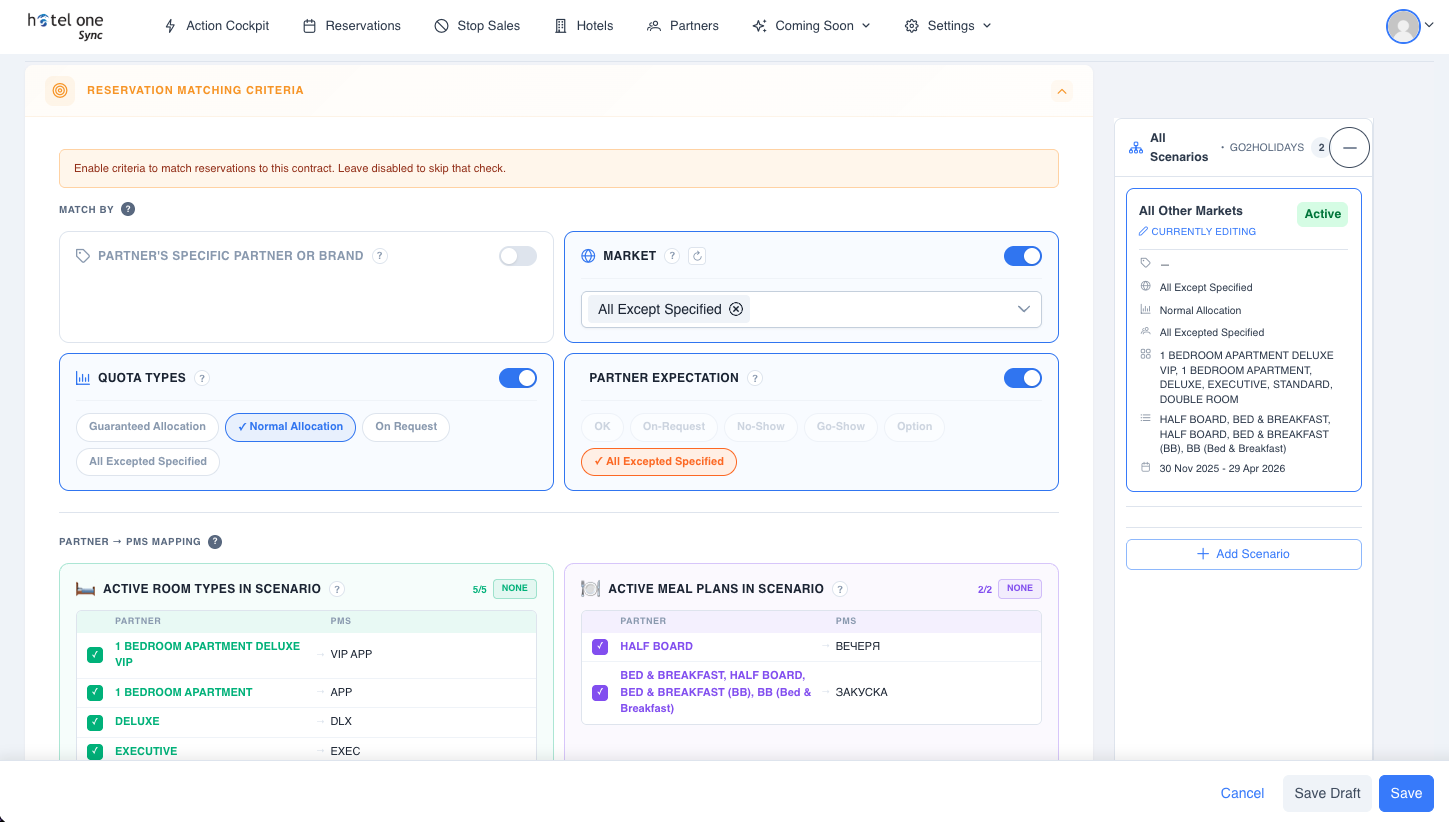 HotelOne Sync – Reservation matching criteria configuration with quota types, market rules and partner-to-PMS room and meal plan mapping